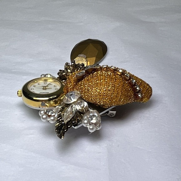 Bonetto Brooch Pin Watch Women 22mm Gold Tone Face Fashion Bling Untested 1920's - Picture 4 of 8